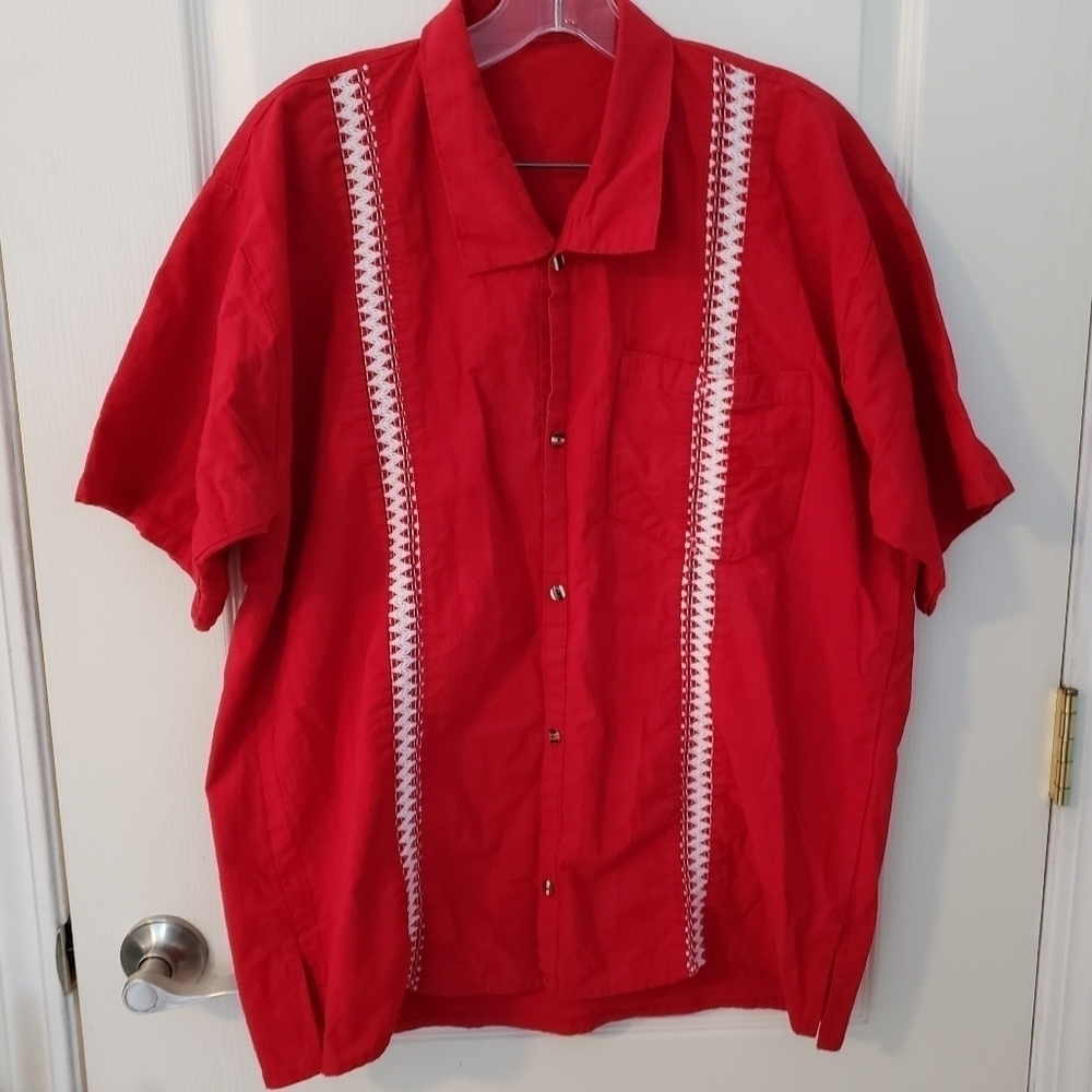 Red Linen Blend Button Down Shirt Southwestern Men's XL